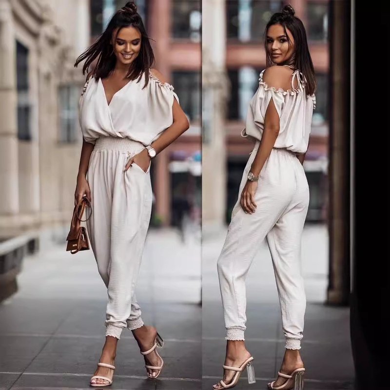 Women V-neck pocket jumpsuit with elastic waist casual pants_autovado.com