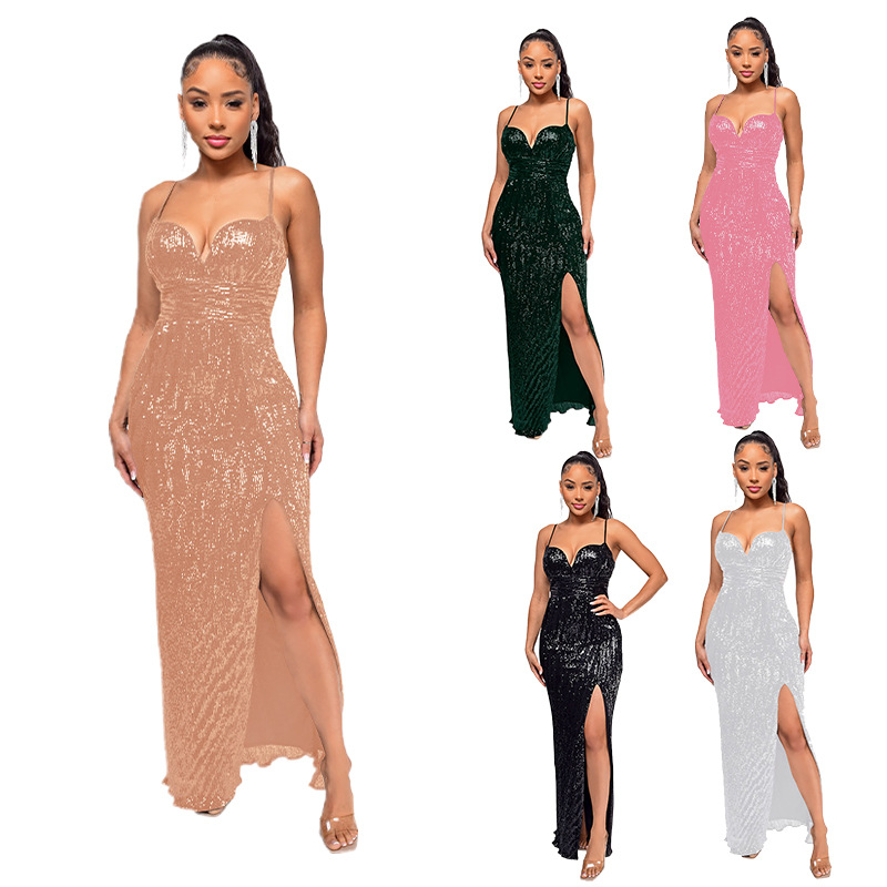 Women's summer slit backless hot girl dress sequined sleeveless suspender skirt women_autovado.com
