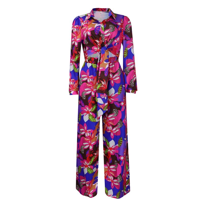 Women's Fashion Print Two-piece Suit Lapel Tie Shirt Wide Leg Pants Suit_autovado.com