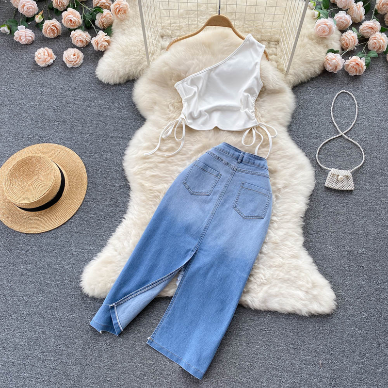 Women's Smocked Strappy Shoulder Vest Irregular Raw Edge Slit Denim Skirt Two-piece Set_autovado.com
