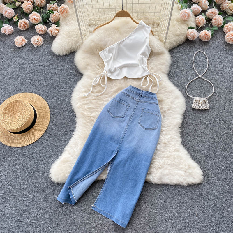 Women's Smocked Strappy Shoulder Vest Irregular Raw Edge Slit Denim Skirt Two-piece Set_autovado.com