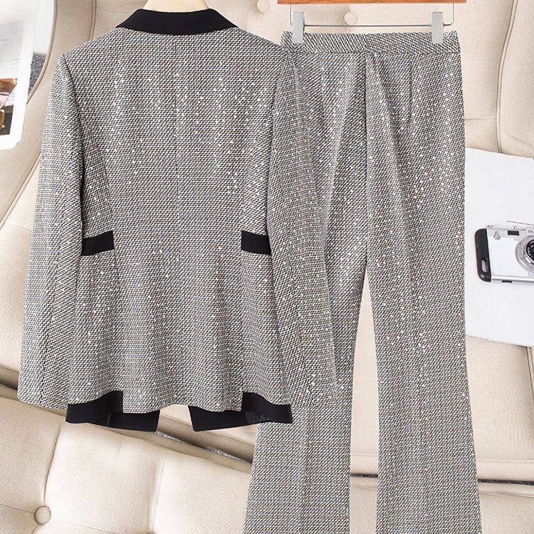 Women's Clothing high-end slim slimming heavy work sequins professional Plaid color matching suit_autovado.com