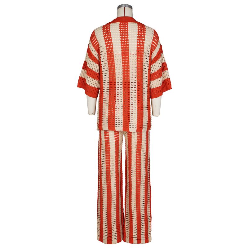 Women's Clothing sexy ladies V-neck hollow striped lapel knitted wide pants suit_autovado.com