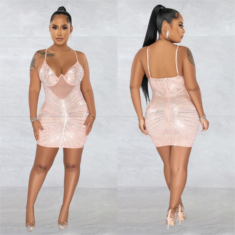 Women's hot diamond mesh suspender sleeveless short skirt dress_autovado.com