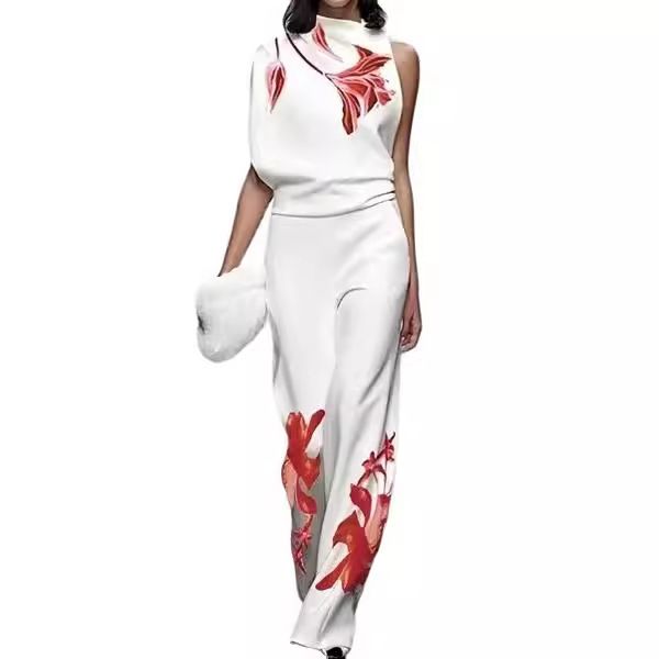 Women's Printed Turtleneck Suit - Sleeveless Two-Piece Suit | Stylish And Chic Suit_autovado.com