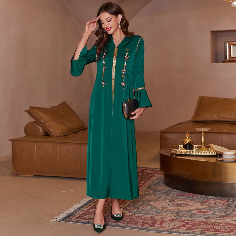 A815 dark green trumpet sleeves front slit walnut satin robe Dubai party banquet dress_autovado.com