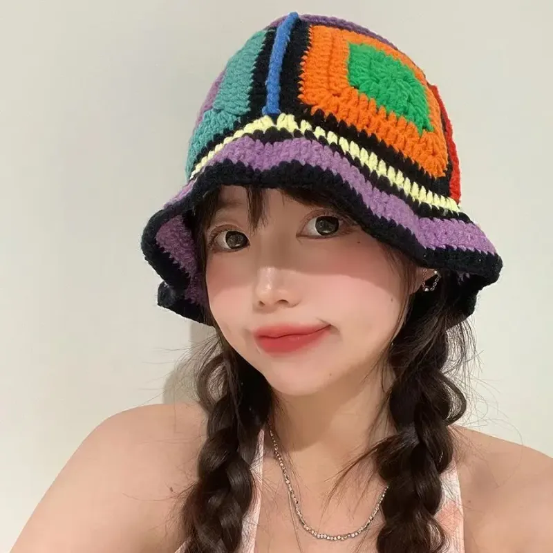 Hot Sale 2024 Colorful New Women Girl Handmade Crochet Bucket Hats Y2k Fashion Summer Beach Korean Hollow Knitted Hat_autovado.com