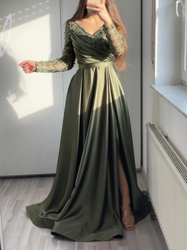 Women's dress chest ruffled red black green mid-waist solid color lace long skirt dress evening gown_autovado.com