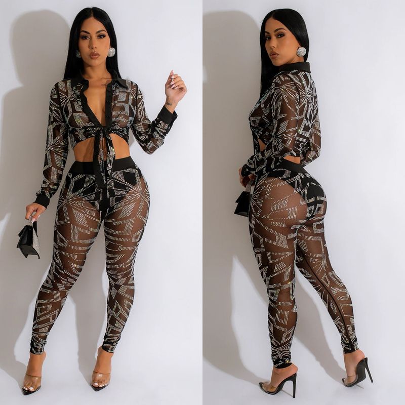 Women's Clothing fashion women's solid color mesh hot diamond long-sleeved trousers two-piece set_autovado.com