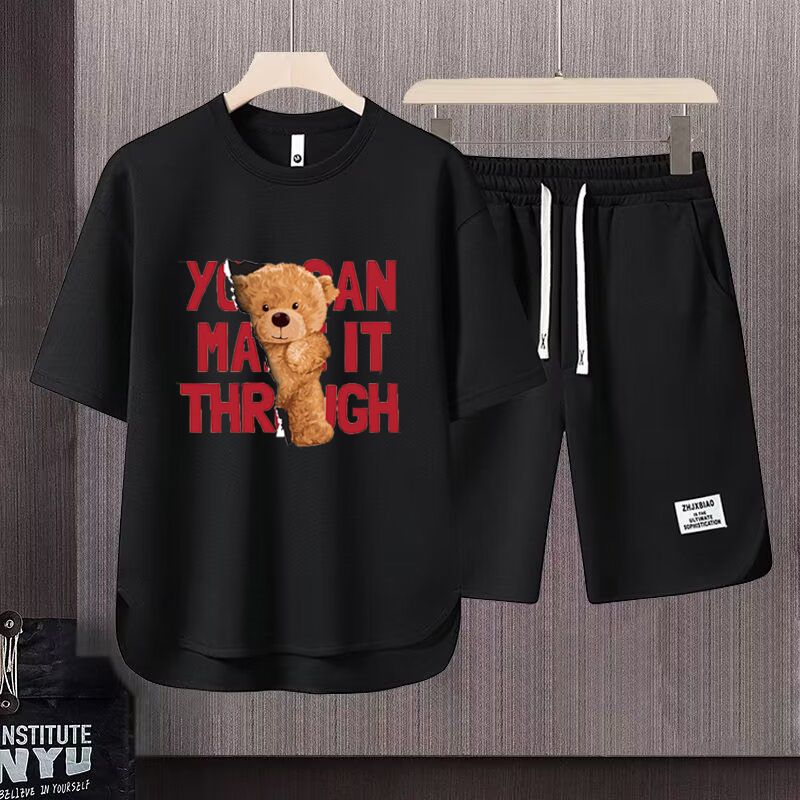 Men's Clothing 2024 Waffle Casual Summer Suit Men's Loose Teen Short sleeved T shirt Shorts Handsome Two piece Suit_autovado.com