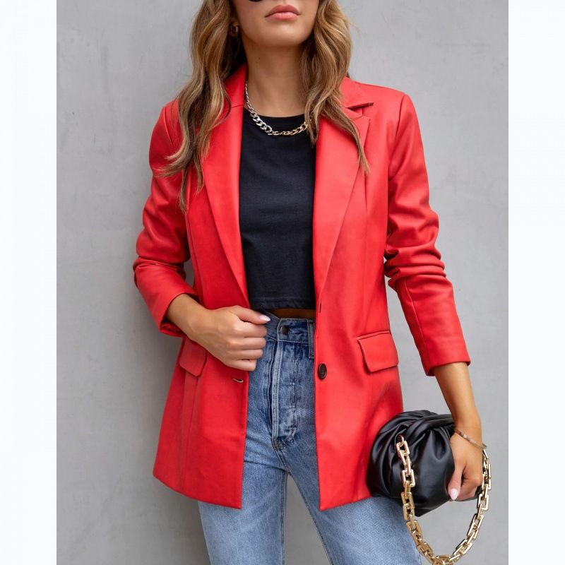 Women's Clothing Street Style Pure Color Casual Fashion Three color Leather Jacket _autovado.com