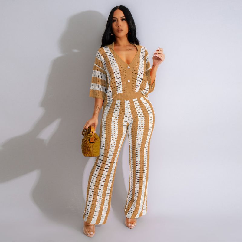 Women's Clothing sexy ladies V-neck hollow striped lapel knitted wide pants suit_autovado.com