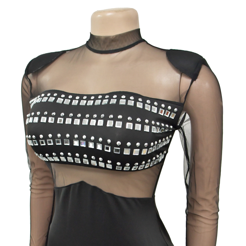 Women's solid color mesh rhinestone long-sleeved long skirt dress_autovado.com