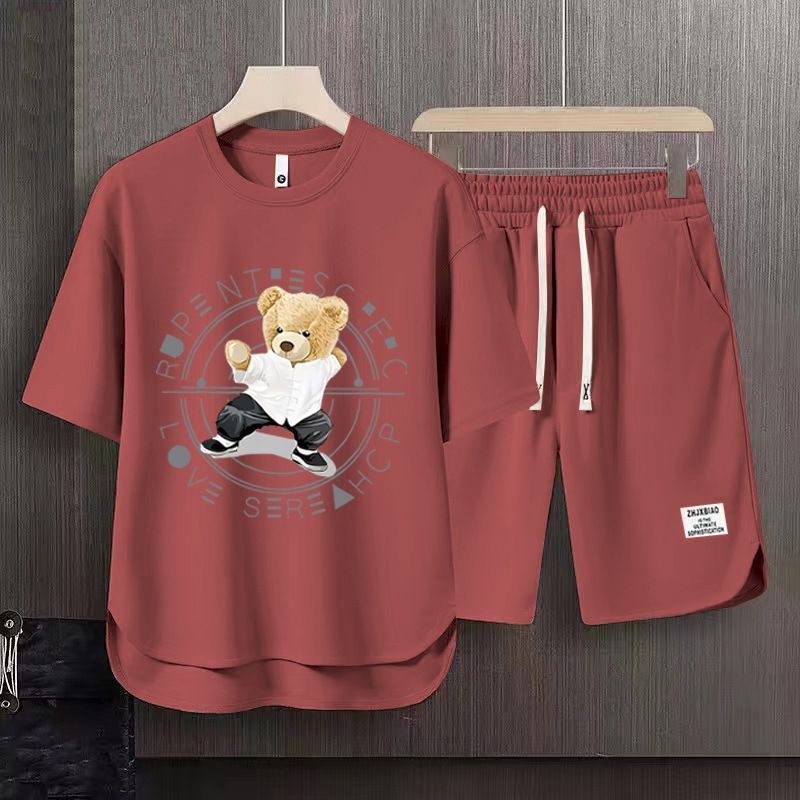 Men's Clothing 2024 Waffle Casual Summer Suit Men's Loose Teen Short sleeved T shirt Shorts Handsome Two piece Suit_autovado.com