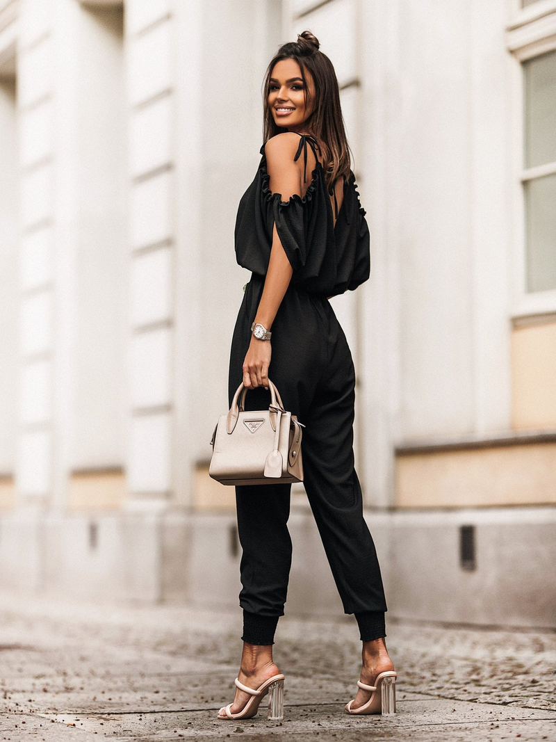 Women V-neck pocket jumpsuit with elastic waist casual pants_autovado.com