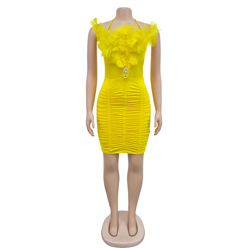 Women's solid color feather tube top sleeveless short skirt dress_autovado.com