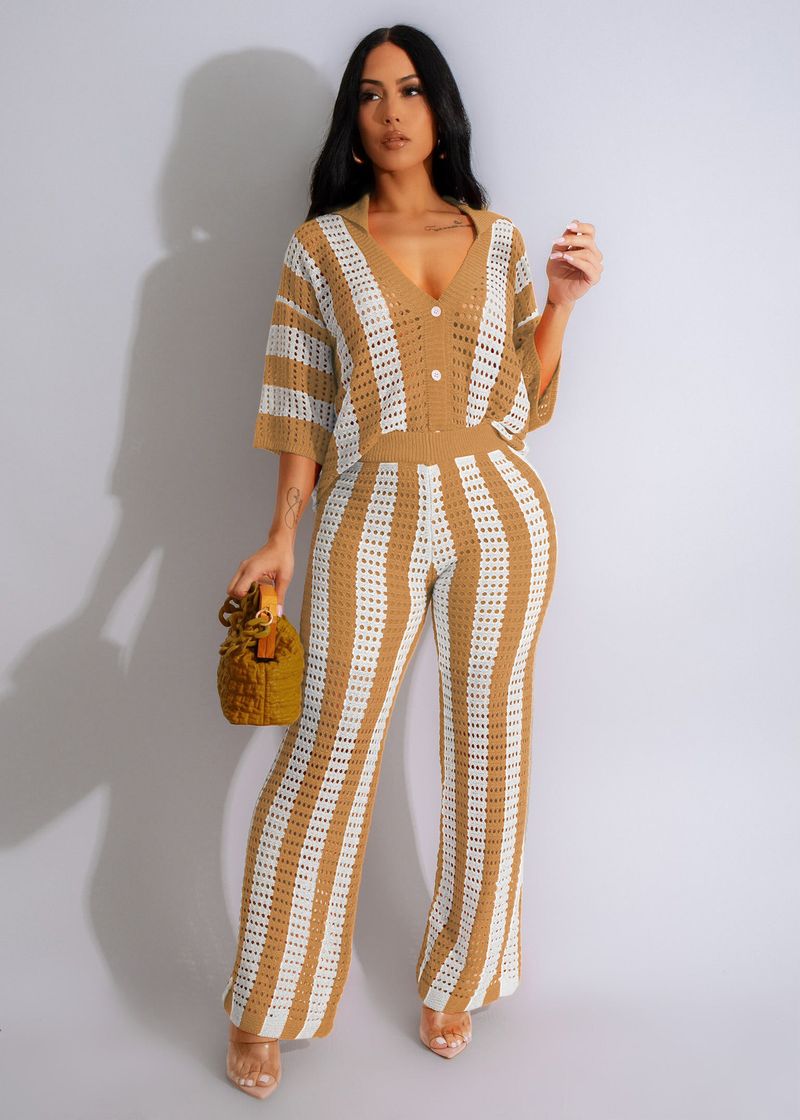 Women's Clothing sexy ladies V-neck hollow striped lapel knitted wide pants suit_autovado.com