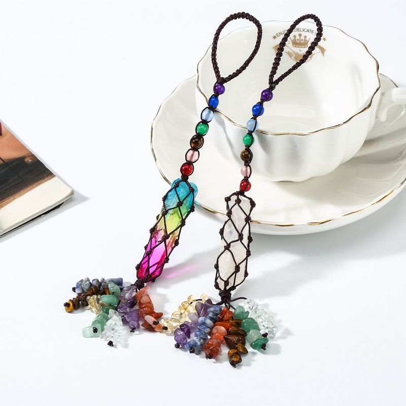Natural Colorful Stone Car Hanging Crystal Gravel Tassel Dream Net Woven Pendant Car Indoor Yoga Ornaments_autovado.com