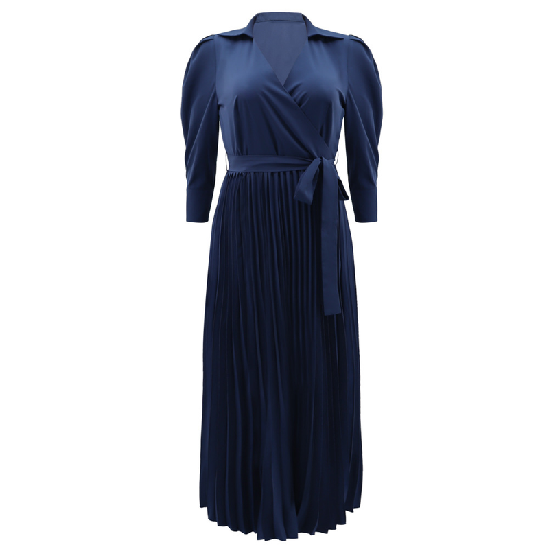 Long sleeved Polo collar high waist fashion casual pleated women's dress_autovado.com