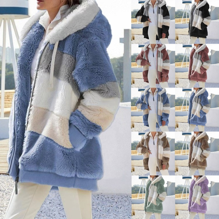 Women's Clothing autumn and winter warm plush patchwork zipper pocket hooded loose coat _autovado.com