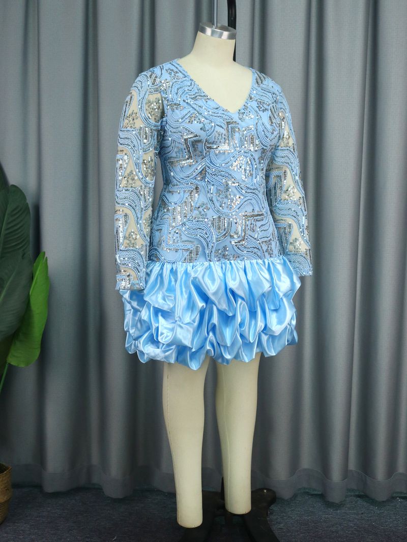 Large size women's V-neck sequined dress Birthday party dress Party dress_autovado.com
