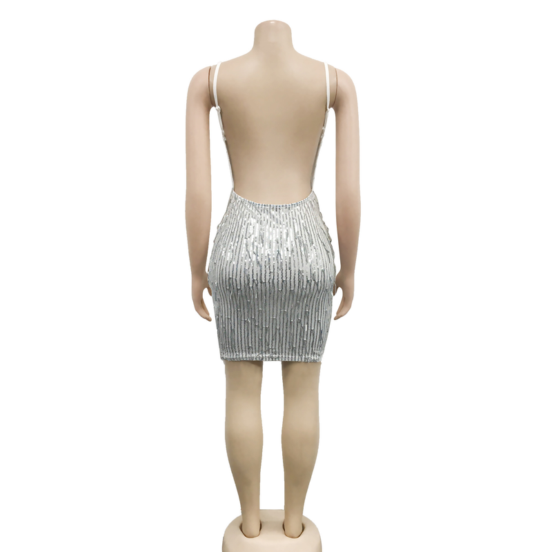 Women's solid color sequined sleeveless V-neck backless dress for women_autovado.com