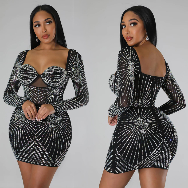 Women's solid color mesh rhinestone long-sleeved short skirt dress_autovado.com