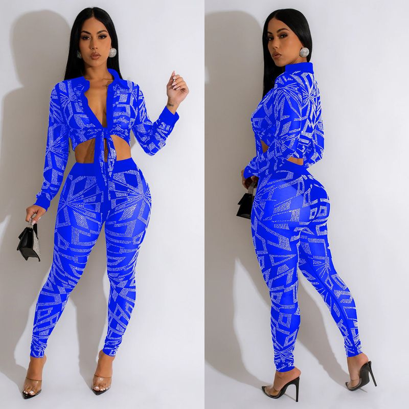 Women's Clothing fashion women's solid color mesh hot diamond long-sleeved trousers two-piece set_autovado.com
