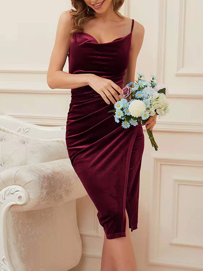Women's temperament slit pleated velvet halter dress evening dress woman_autovado.com
