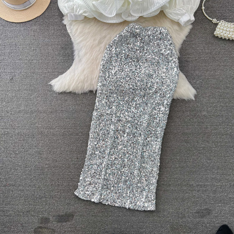 Women's fashion set female socialite temperament lantern long sleeve V-neck lotus leaf bright face shirt women's high waist sequin skirt_autovado.com