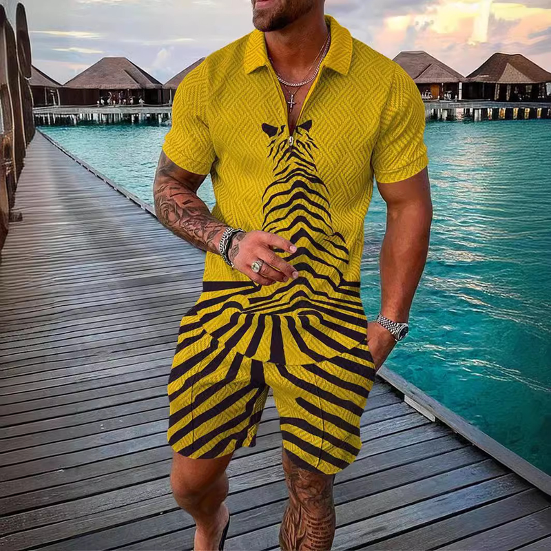 Men's Fashion Casual Suit 3D Printed Zipper Short Sleeve Polo Shirt Shorts 2-Piece Set_autovado.com