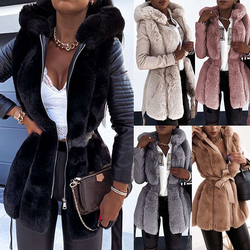Women's fur coat Women's belted hooded solid color zipper jacket_autovado.com