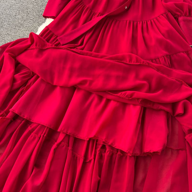 Women's V-neck Single Breasted Chiffon French Vintage Waist Slimming Big Swing A-line Long Skirt_autovado.com