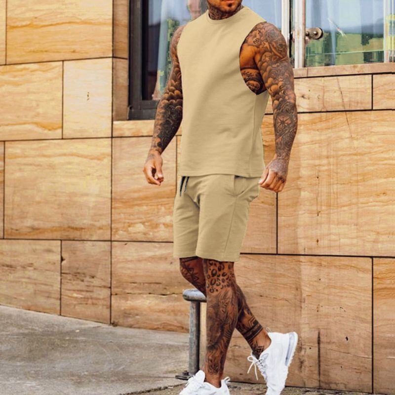 Men's casual thin five-point pants sleeveless top solid color vest shorts two-piece set_autovado.com