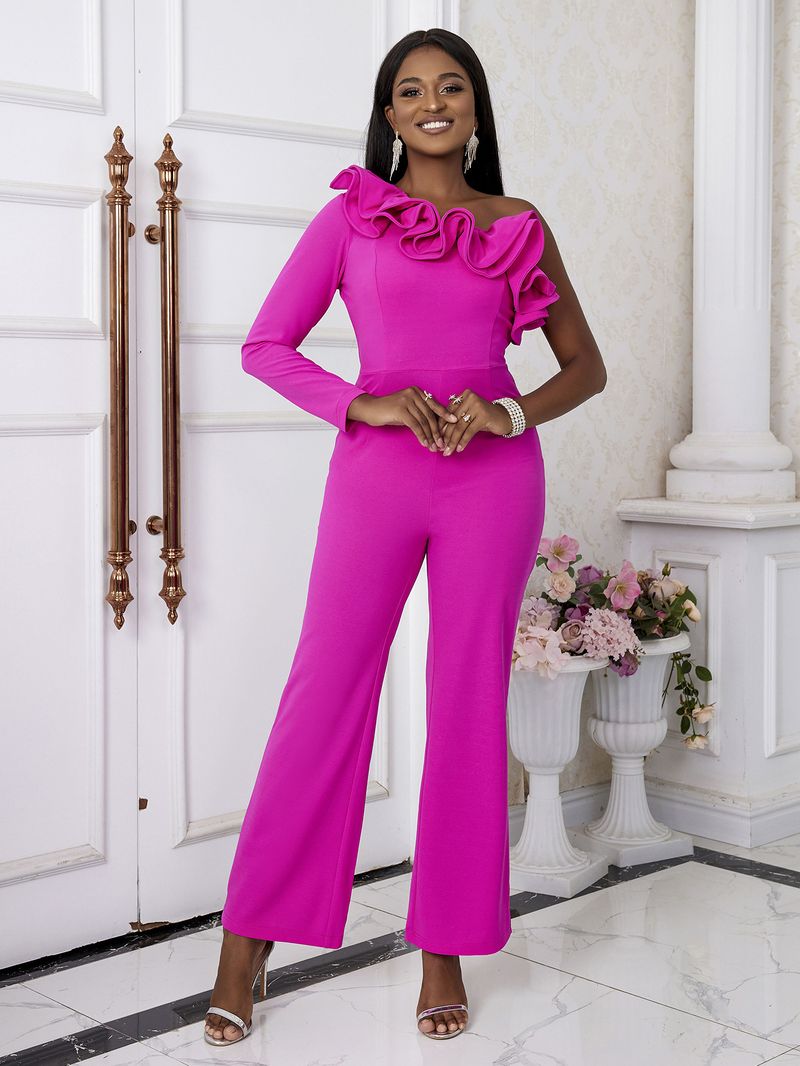 Women's oblique collar ruffle jumpsuit Commuter style high waist casual tights Jumpsuit_autovado.com
