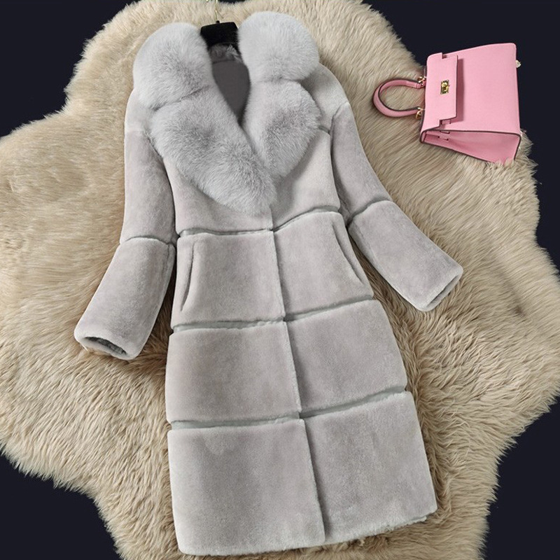 Sheepshear autumn and winter new spliced fur all-in-one mid-length imitation fox fur collar coat and fur jacket_autovado.com