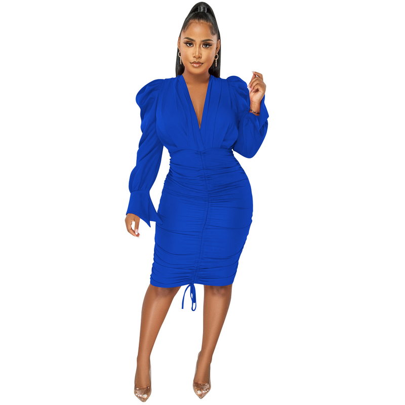Women's Clothing fashion casual solid color long-sleeved pleated V-neck dress for women_autovado.com