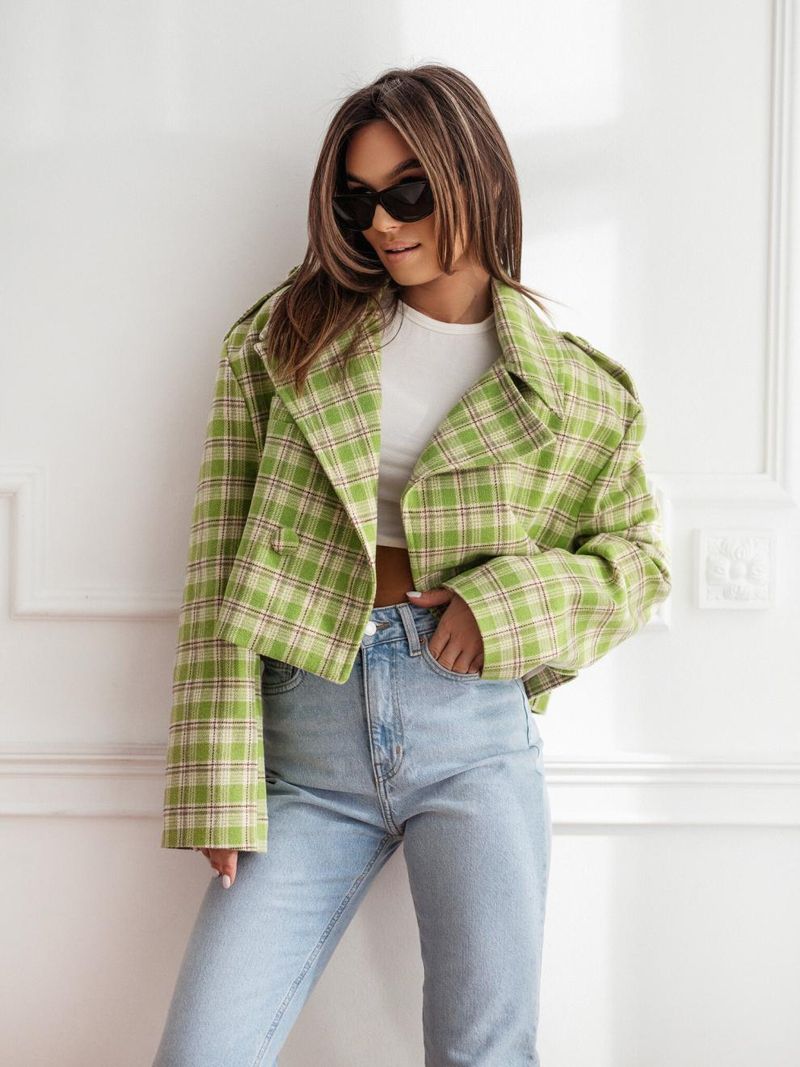 Women's Clothing New 2024 Fashion Suit Collar Plaid Printed Wool Coat_autovado.com
