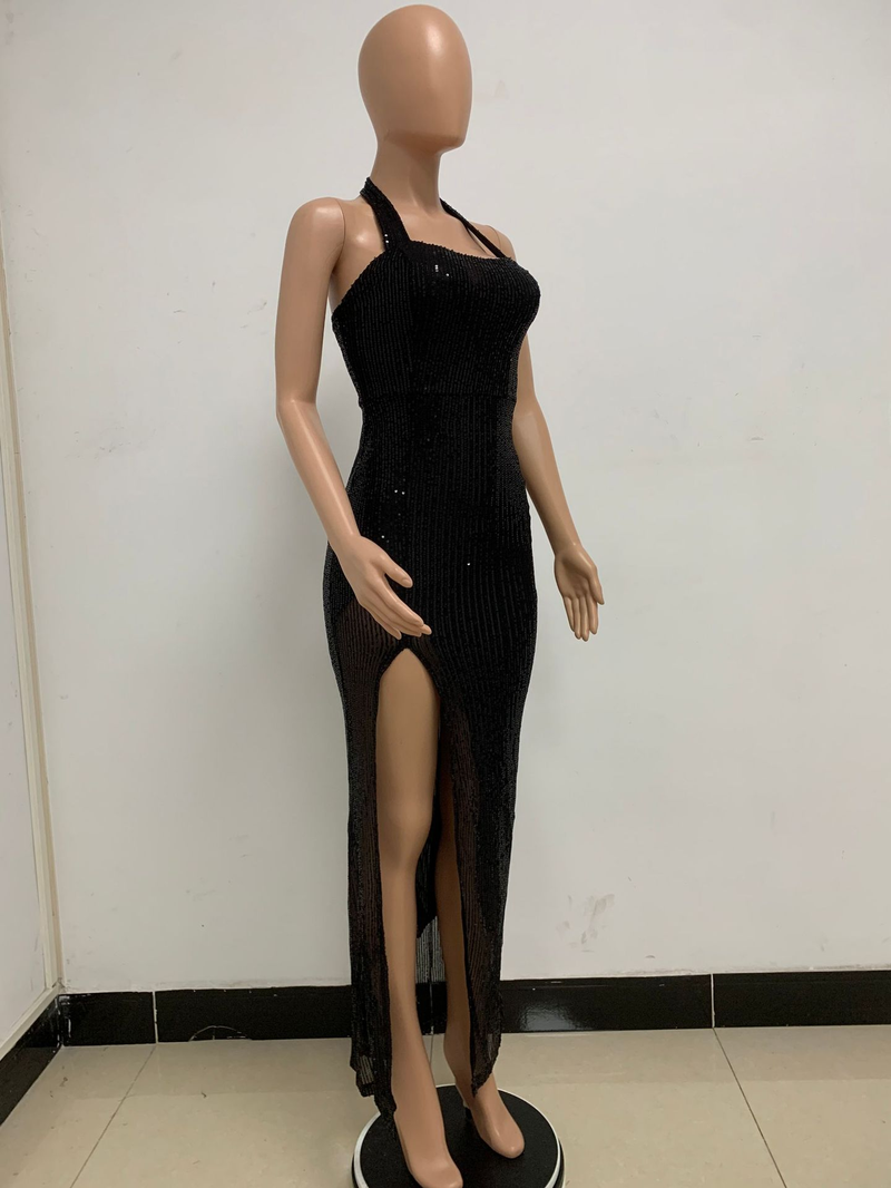 Women's slit sleeveless hot girl dress female halter neck backless sequin dress skirt_autovado.com