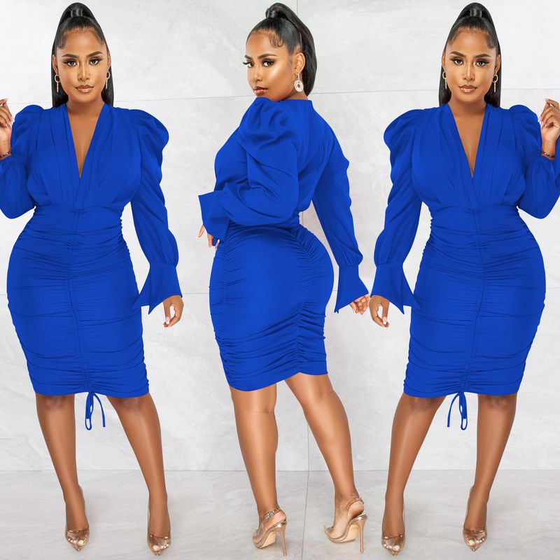 Women's Clothing fashion casual solid color long-sleeved pleated V-neck dress for women_autovado.com