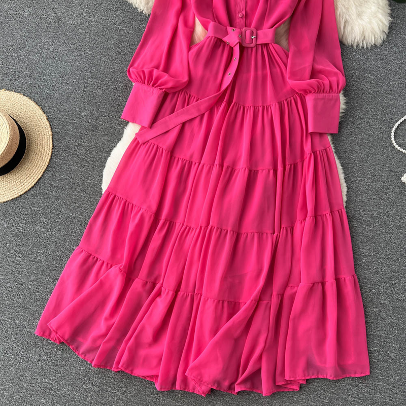 Women's V-neck Single Breasted Chiffon French Vintage Waist Slimming Big Swing A-line Long Skirt_autovado.com