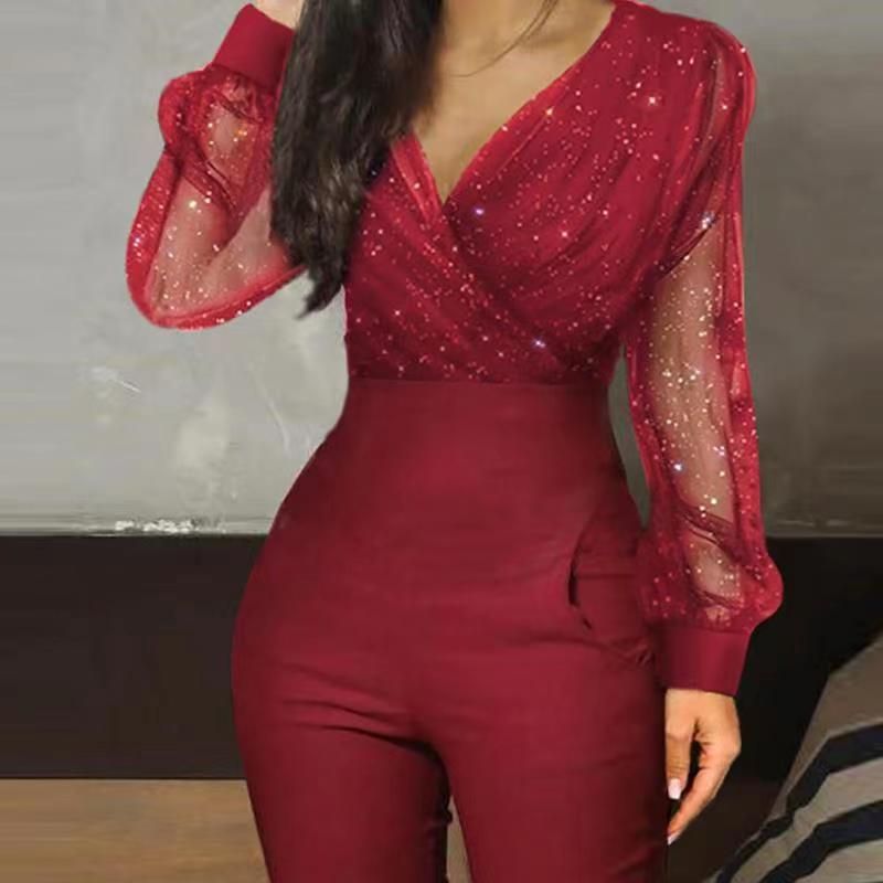 Women's Clothing new solid color V neck mesh slim long sleeved jumpsuit trousers large stock_autovado.com