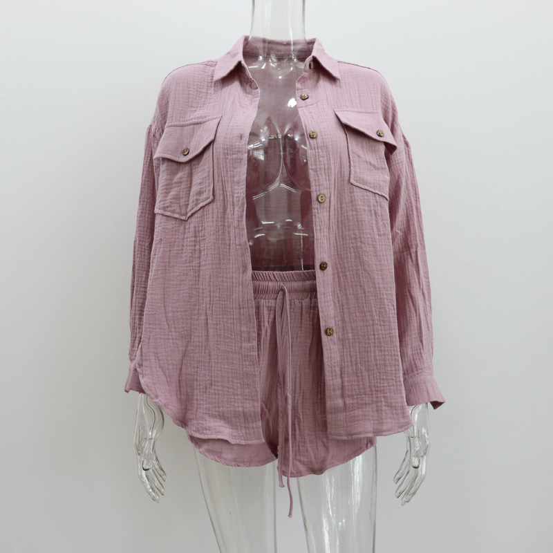 Women's Clothing new arrival lapel loose shirt high waist shorts two piece fashion casual suit_autovado.com