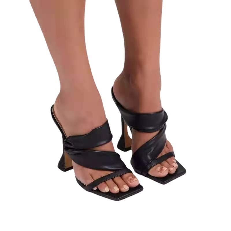 Women's plus-size high-heeled sandals Gold slippers with thin heels and square heads_autovado.com