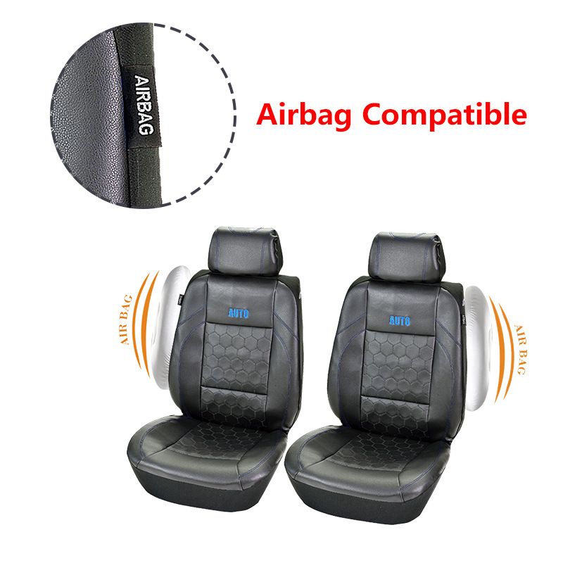 Two front car seat covers black football embroidery PVC splicing black PVC three-dimensional pressure line_autovado.com