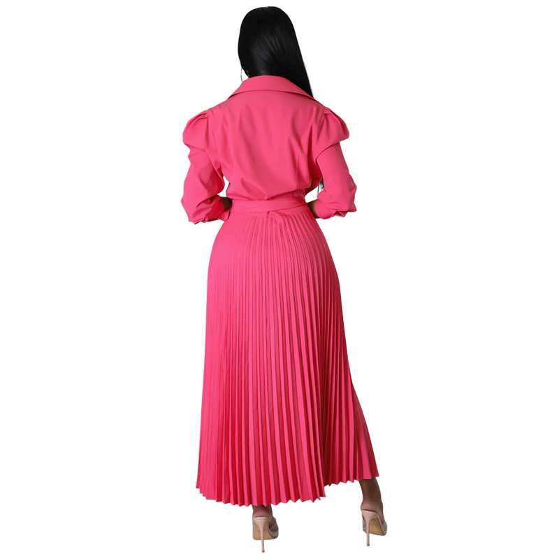 Long sleeved Polo collar high waist fashion casual pleated women's dress_autovado.com