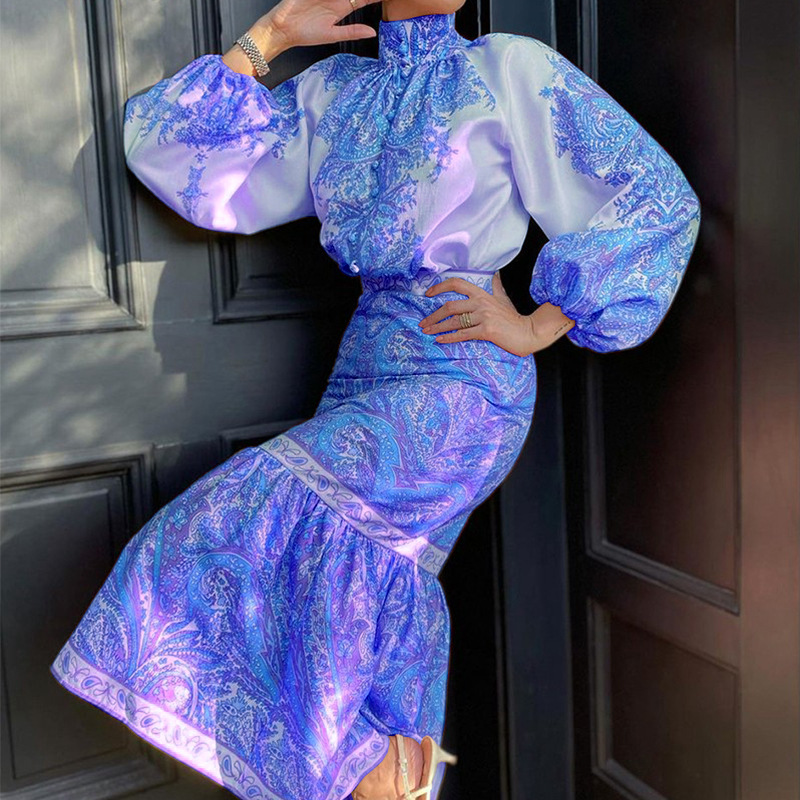 Women'S Autumn New Bohemian Printed Top Mid-Length Covered Arm Skirt Suit for Women_autovado.com