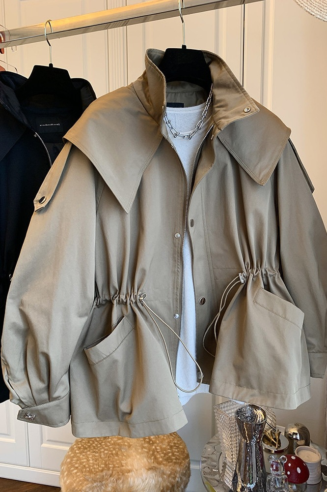 Women's casual drawstring waist tooling trench coat coat female spring and autumn short_autovado.com