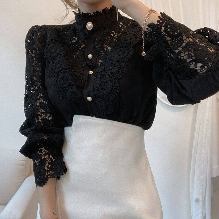 Women's French Loose And Chic Button Heavy Lace Hollow Flower Splicing Long Sleeve Stand Collar Shirt_autovado.com