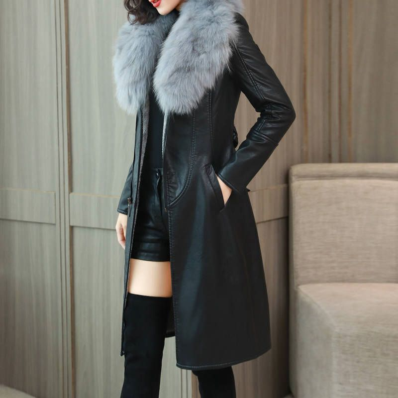 Women's large fur collar winter fur coat women plus fleece thickened medium long_autovado.com